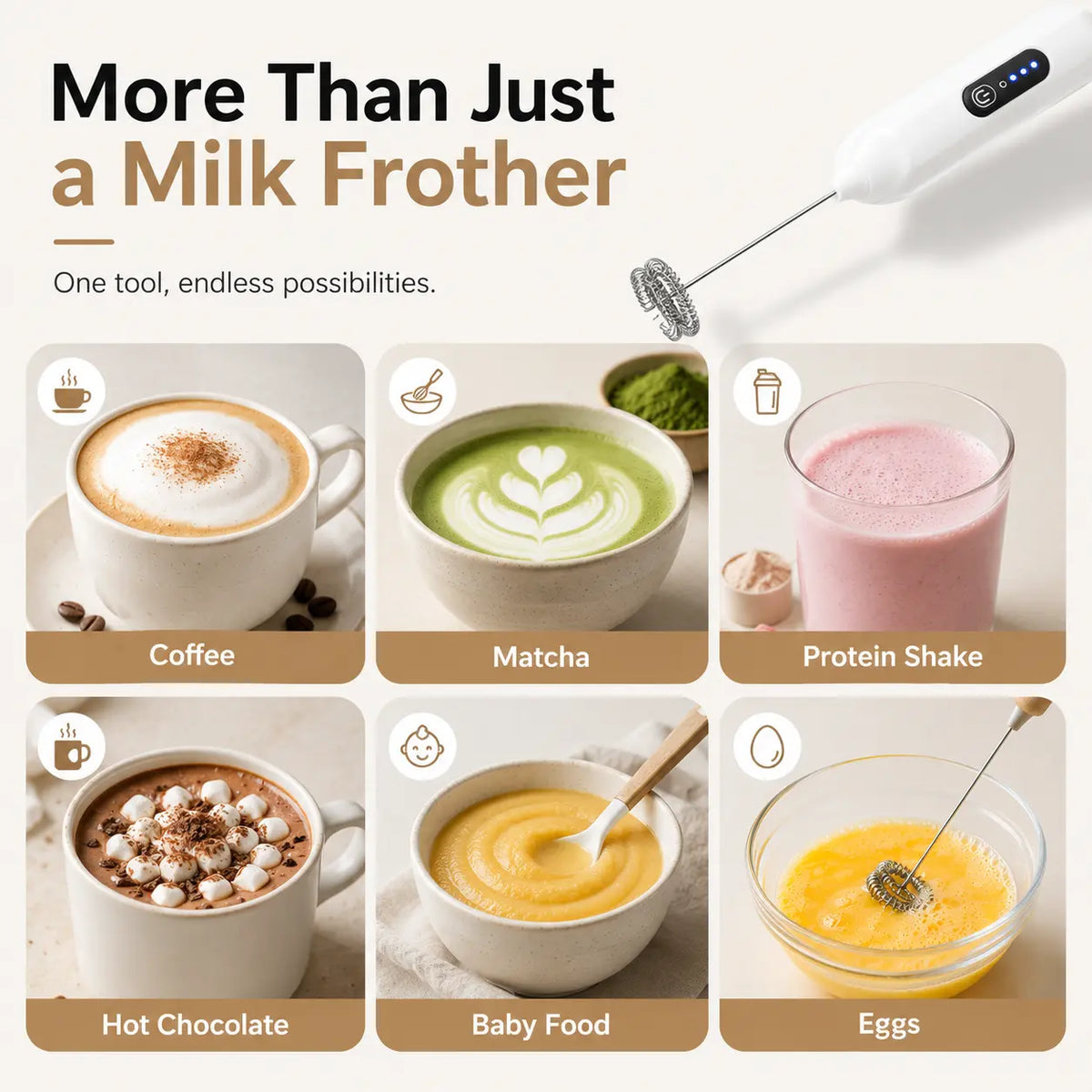 Electric Handheld Milk Frother – USB-C Rechargeable Stainless Steel Foam Maker