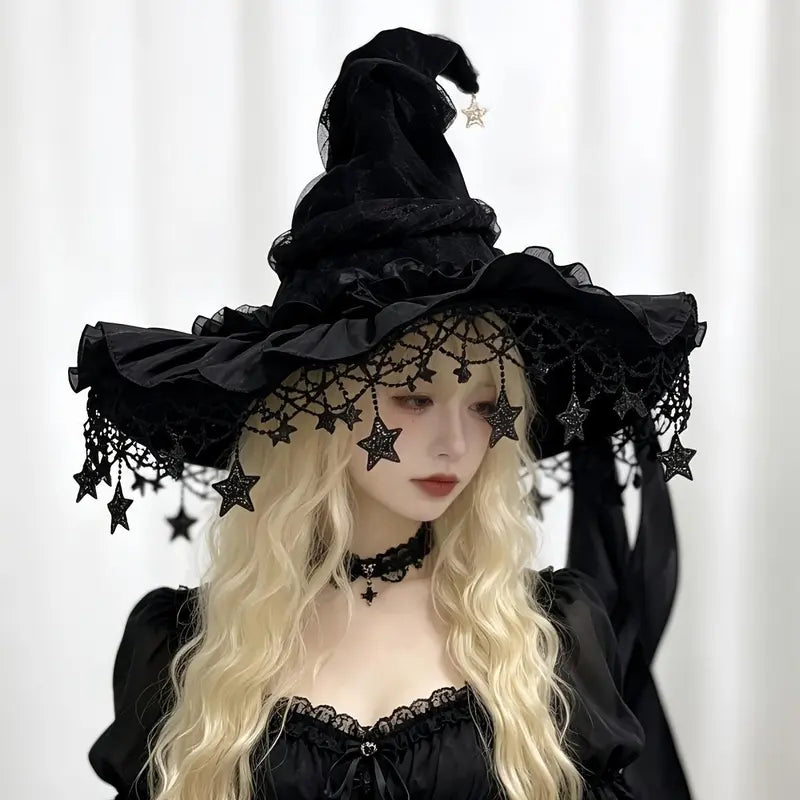 2-Piece Gothic Witch Hat & Moon Star Necklace Set – Starry Tulle Halloween Party Accessories