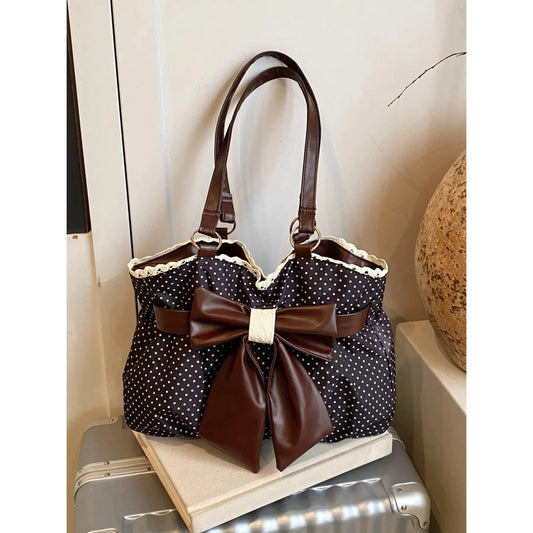 Vintage Polka Dot Tote Bag, Cute Bow Purse with Lace Trim & Spacious Capacity for Travel