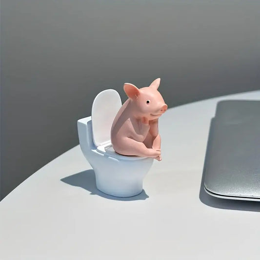 Funny Pig on Toilet Statue, Humorous Bathroom & Desk Decor, Playful Home Office Gift