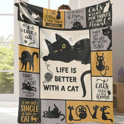 Halloween Cat Flannel Throw Blanket, Soft Warm Lightweight Paw Print Blanket for Cozy Home Decor