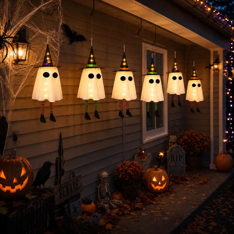 Three Styles Cycle Timer Halloween Hanging Witch Hat Lanterns – Light-Up Ghost Decorations, Indoor Halloween & Party Decor, Soft Fabric Design