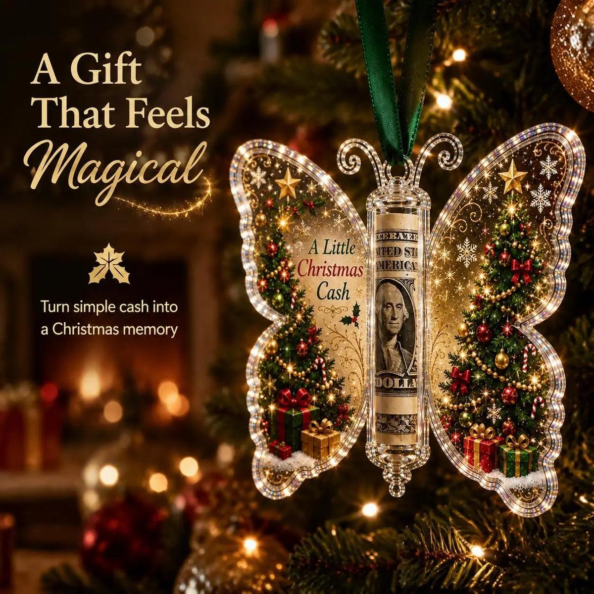 Christmas Cash Gift Ornament, Butterfly Money Holder with Clear Acrylic Display, 5PCS Set