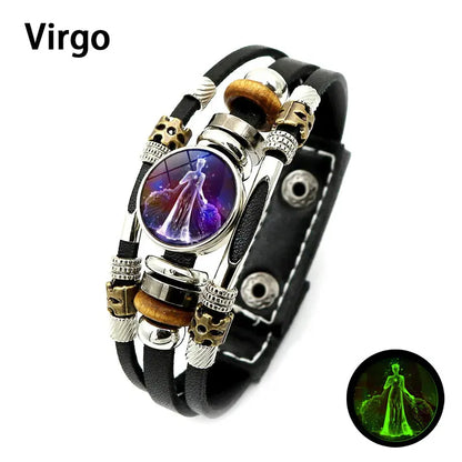 Glow-in-the-Dark Zodiac Leather Bracelet – 12 Sign Astrology Jewelry