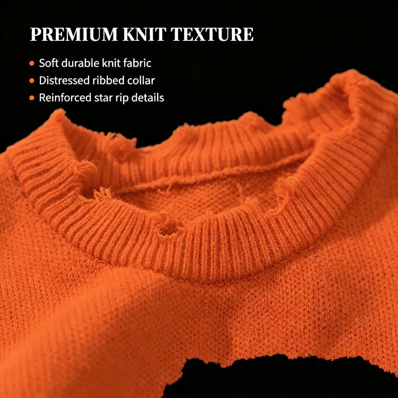 Distressed Fringe Knit Sweater – Oversized Orange Skull Jacquard Pullover with Ripped Details, Y2K Gothic Streetwear Style