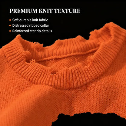Distressed Fringe Knit Sweater – Oversized Orange Skull Jacquard Pullover with Ripped Details, Y2K Gothic Streetwear Style