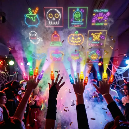 24Pcs Plastic LED Finger Projection Light Set with Halloween Patterns, Creepy Accessories for Halloween Costume, Spooky Glow Finger Flashlights Bulk with Included Cells, Kids Party Favors for Trick-or-Treat Events