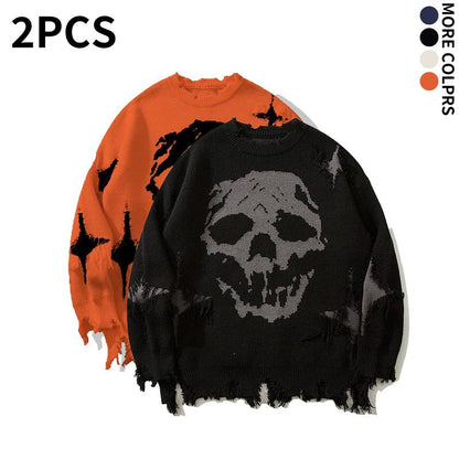 Distressed Fringe Knit Sweater – Oversized Orange Skull Jacquard Pullover with Ripped Details, Y2K Gothic Streetwear Style