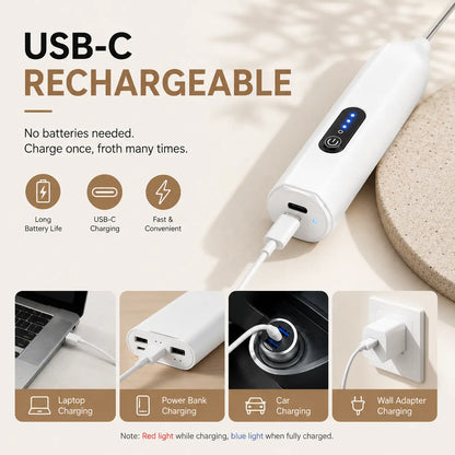 Electric Handheld Milk Frother – USB-C Rechargeable Stainless Steel Foam Maker