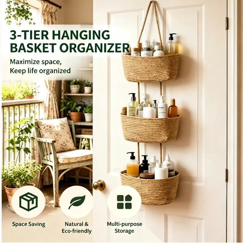 Woven cotton 3-Tier Over the Door Basket, Wall-Mounted Jute Bathroom Storage Organizer – Decorative Nursery Baskets, Perfect for Busy Mom/Dad to Store Diapers & Toys small basket Gift Hook laundry basket house organizers